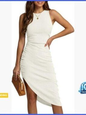 Polyester Elastane Bodycon Midi Dress with Ruched High Slit